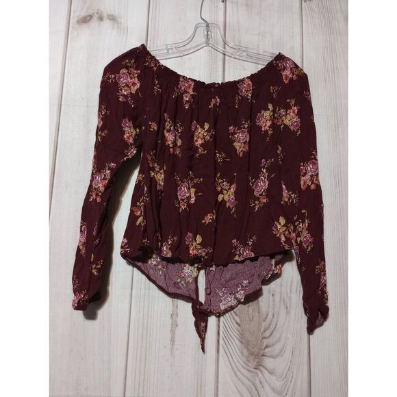 Rewind Shirt Ladies Small Maroon‎ Floral Crop top Long Sleeve - Picture 2 of 7